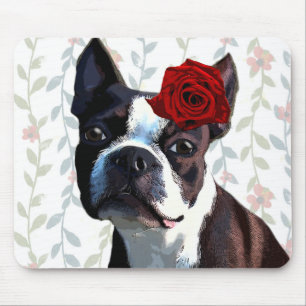 Tapis De Souris Boston Terrier avec Rose sur Head 2