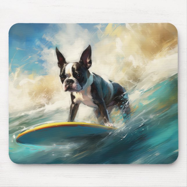 Tapis De Souris Boston Terrier Beach Surfing Peinture (Devant)