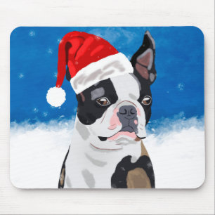 Tapis De Souris Boston Terrier Chien dans neige Noël Joyeux vacanc
