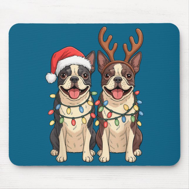 Tapis De Souris Boston Terrier Christmas Santa Hat Reindeer Lights (Devant)
