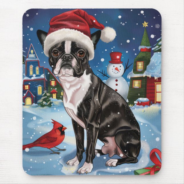 Tapis De Souris Boston Terrier Dog Winter Wonderland Noël Joie (Devant)