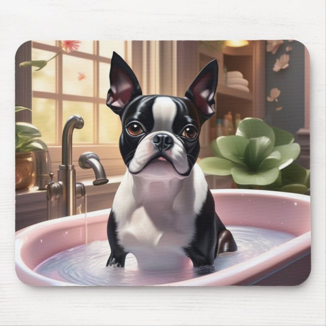 Tapis De Souris Boston Terrier prend un bain de bulle (Devant)