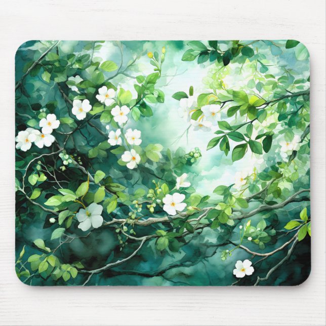 Tapis De Souris Botanical Watercolor White Blossoms Green Leaves (Devant)