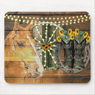 Tapis De Souris Botte de cowboy Rustique Cheval tournesol Wagon