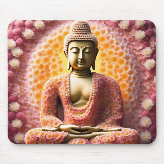 Tapis De Souris Bouddha de fleurs roses méditant (Devant)
