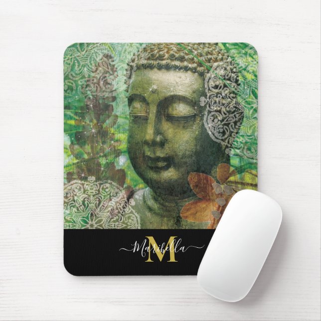 Tapis De Souris Bouddha Mandala Boho Personnaliser Monogramme (Avec souris)
