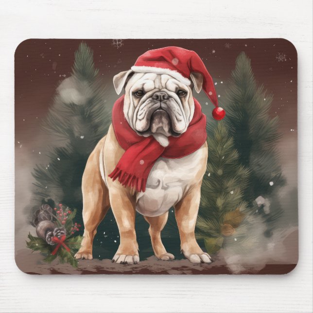 Tapis De Souris Bouledogue dans la neige de Noël (Devant)