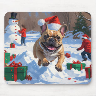 Tapis De Souris Bouledogue français courant dans la neige avec un