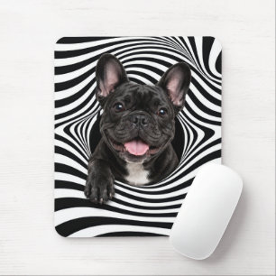 Tapis De Souris Bouledogue français dans un trou rayé abstrait