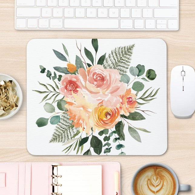 Tapis De Souris Bouquet de fleurs à l'aquarelle de pêche rose rust (In situ office desk)