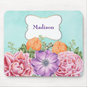 Tapis De Souris Bouquet de fleurs aquarelles rose violet orange