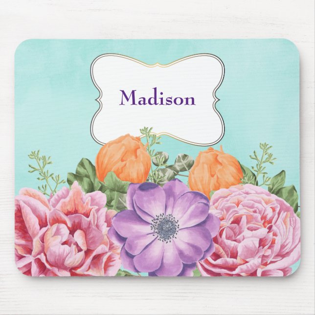 Tapis De Souris Bouquet de fleurs aquarelles rose violet orange (Devant)