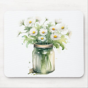 Tapis De Souris Bouquet de marguerites aquarelle dans un pot Mason