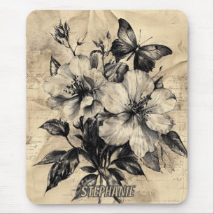 Tapis De Souris Bouquet de papillon d'hibiscus sépia vintage