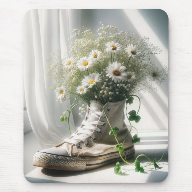 Tapis De Souris Bouquet de pâquerettes dans une basket blanche (Devant)