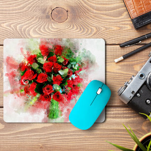 Tapis De Souris Bouquet de roses rouges aquarelle sur fond blanc