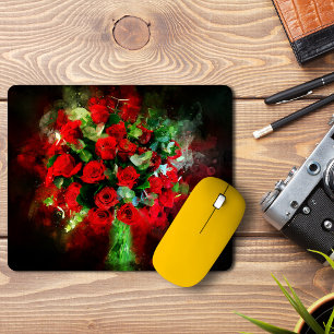 Tapis De Souris Bouquet de roses rouges aquarelle sur fond noir