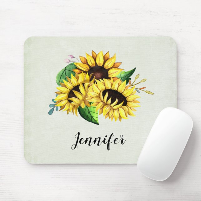 Tapis De Souris Bouquet de tournesol jaune en aquarelle (Avec souris)