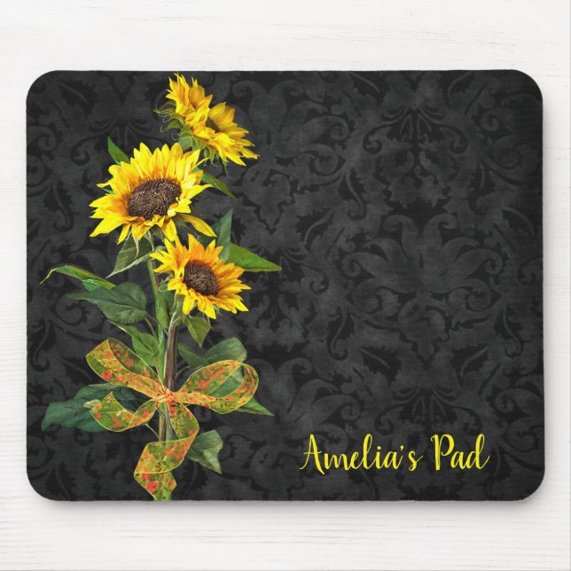 Tapis De Souris Bouquet de tournesol sur Damas noires (Devant)