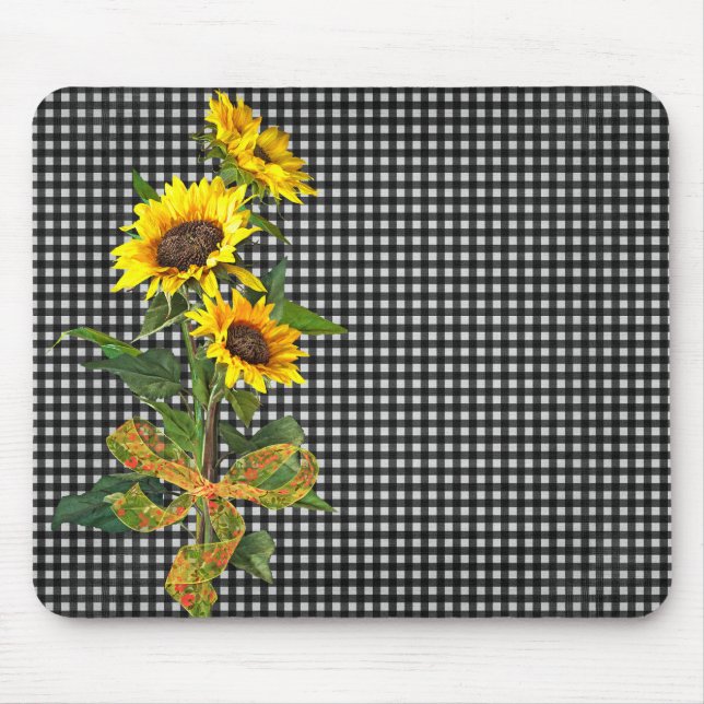 Tapis De Souris Bouquet de tournesol sur En vichy noir (Devant)