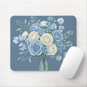 Tapis De Souris Bouquet floral bleu et blanc élégant aquarelle B