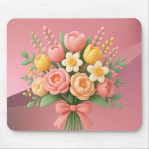 Tapis De Souris Bouquet floral de jardin rose avec ruban