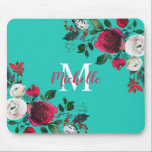 Tapis De Souris Bourgogne Aquarelle Peony Rose Floral Monogramme<br><div class="desc">Aquarelle Bourgogne botanique pivoine rose floral girly Mouse Pad. Bourgogne, marsala, roses de pivoines d'aquarelle blanche, design botanique d'autruche fleurie avec feuilles vert foncé et baies sur aqua ou arrière - plan turquoise. Doté d'un élégant design de typographie manuscrite avec votre nom, Monogram et jolie automne, bouquet rose de pivoine...</div>