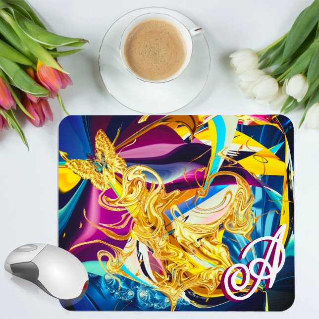 Tapis De Souris Bouteille Or Vibrant Monogramme Liquide Abstrait (Créateur téléchargé)