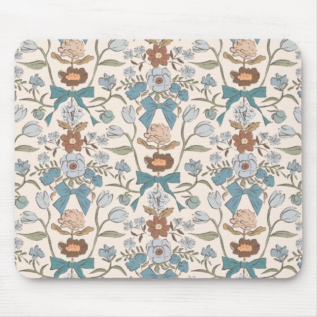 Tapis De Souris Bows et fleurs rustiques bleus (Devant)