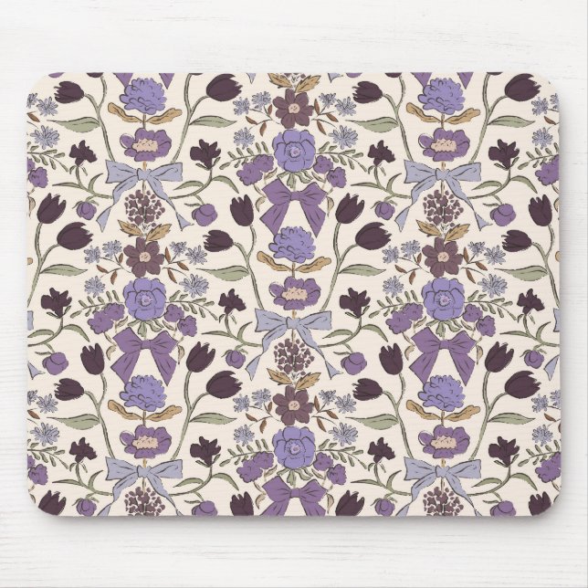 Tapis De Souris Bows et fleurs rustiques pourpres (Devant)