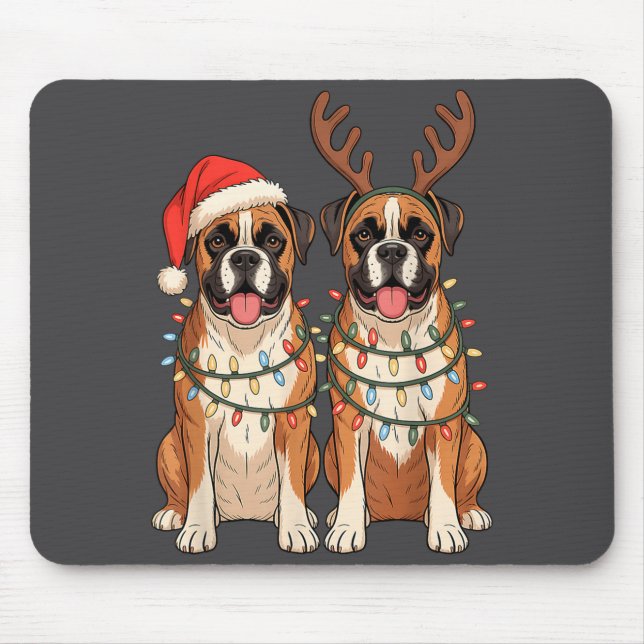 Tapis De Souris Boxer Dog Christmas Santa Hat Reindeer Lights Paja (Devant)