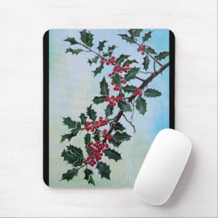 Tapis De Souris Branche de houx dans la neige de l'hiver par Alfre