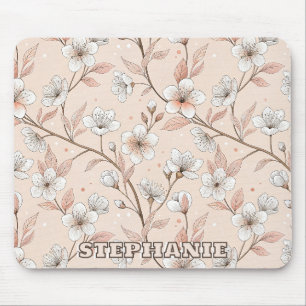 Tapis De Souris Branche Fleurie de Pêche Douce avec Fleurs Blanche