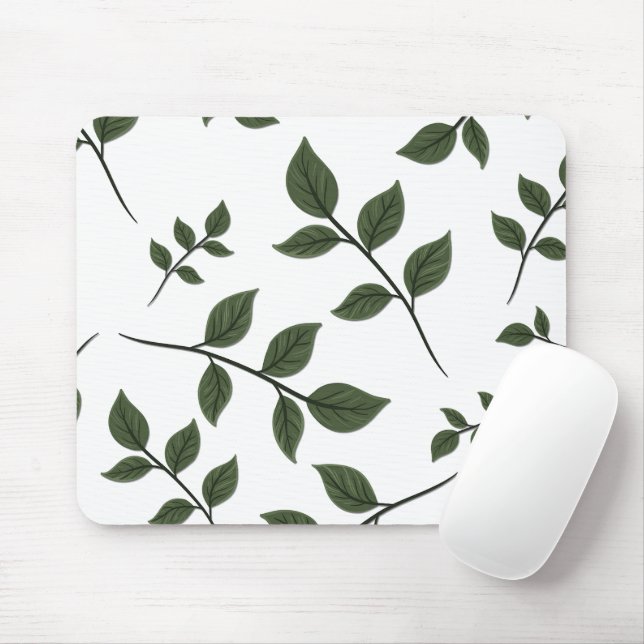 Tapis De Souris Branches de feuillage avec Feuilles verts en blanc (Avec souris)