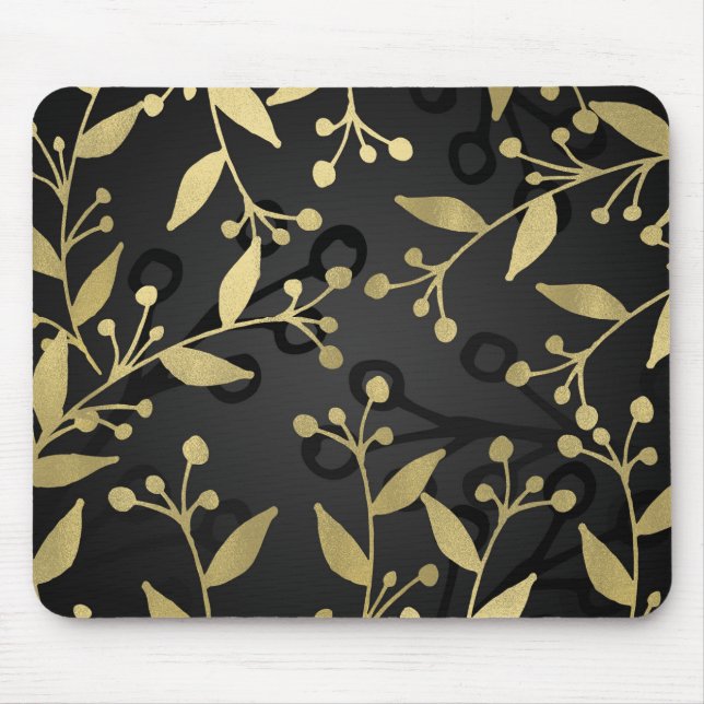 Tapis De Souris Branches Rustiques Modernes Botaniques Noir & Or (Devant)