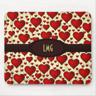 Tapis De Souris Bright Red Hearts Pattern with Burgundy Nameplate