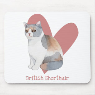 Tapis De Souris British Shorthair Chat Aquarelle Kitty Coeur rose