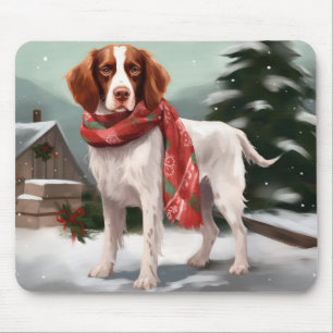 Tapis De Souris Brittany Spaniel Dog à Noël de neige