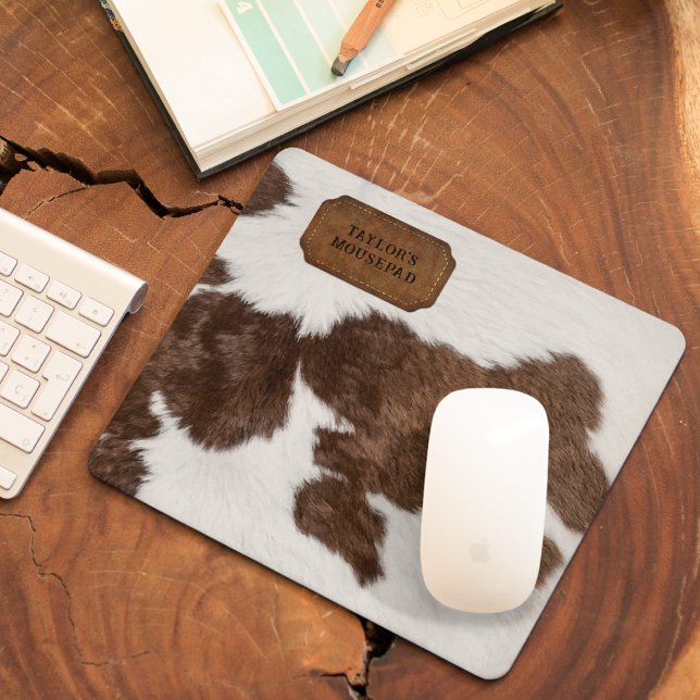 Tapis De Souris Brown blanc tacheté fourrure de vache et cuir (Créateur téléchargé)