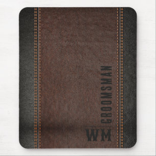 Tapis De Souris Brown Faux en cuir Monogramme Groomsman Cadeau