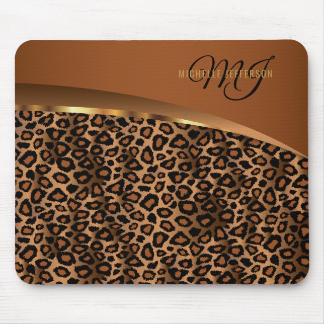 Tapis De Souris Brun de monogramme, noir et léopard d'or (Devant)