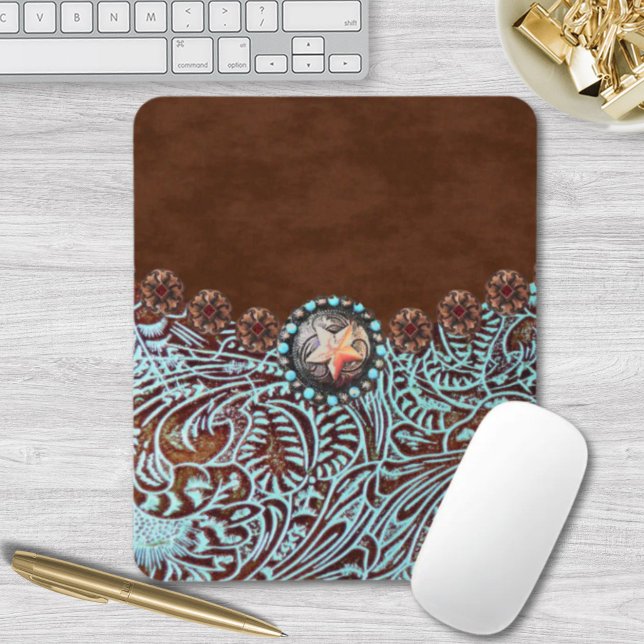 Tapis De Souris brun turquoise western pays à outils cuir (brown turquoise western country tooled leather mouse pad)