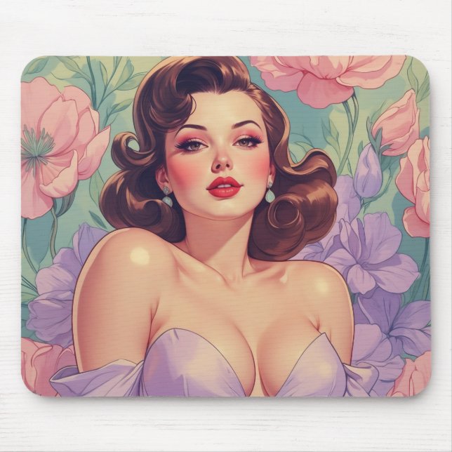 Tapis De Souris Brunette Pin-Up Fleurs Pastel (Devant)