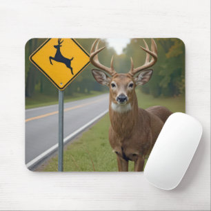 Tapis De Souris Buck Posé par un panneau de passage de cerfs