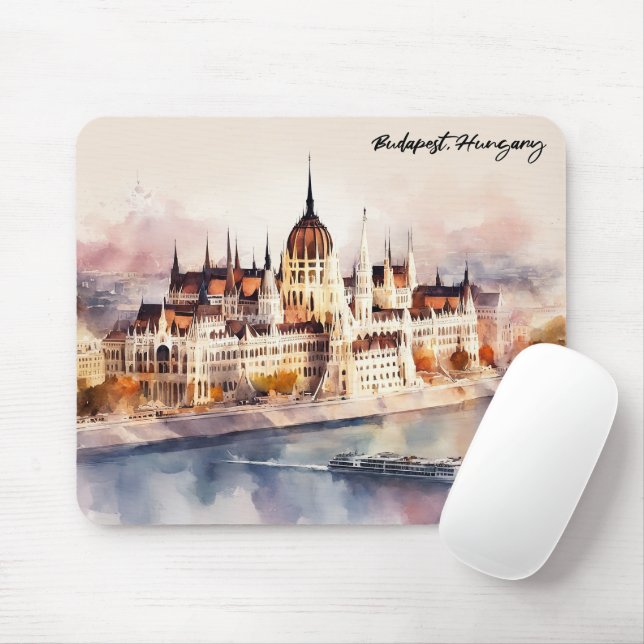 Tapis De Souris Budapest Hungary Watercolor Painting Panorama View (Avec souris)