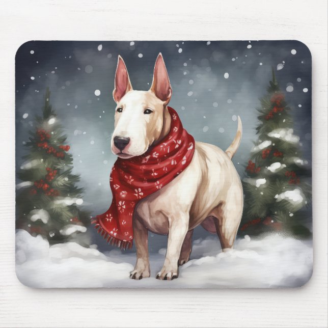 Tapis De Souris Bull Terrier Chien à Noël de neige (Devant)