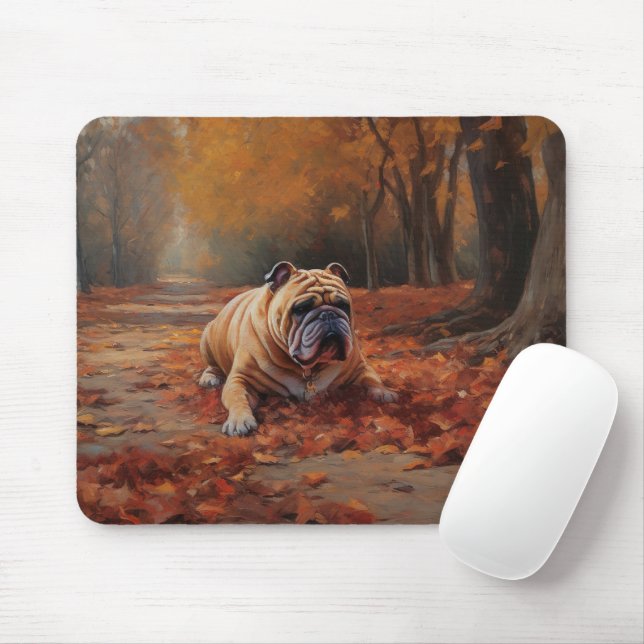 Tapis De Souris Bulldog en automne Feuilles automne Inspire (Avec souris)