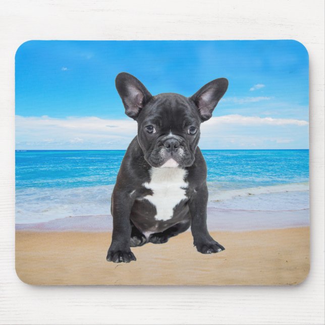 Tapis De Souris Bulldog Français Assis Sur La Plage (Devant)