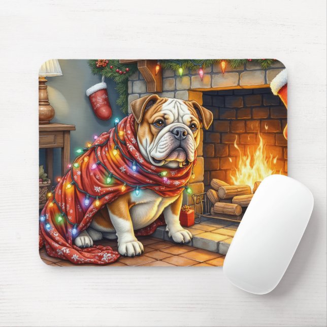 Tapis De Souris Bulldog Sitting by Fireplace with Christmas Lights (Avec souris)