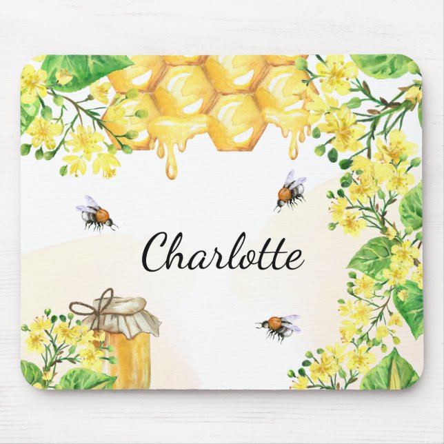 Tapis De Souris Bumble abeilles miel fleurons jaunes monogramme (Devant)